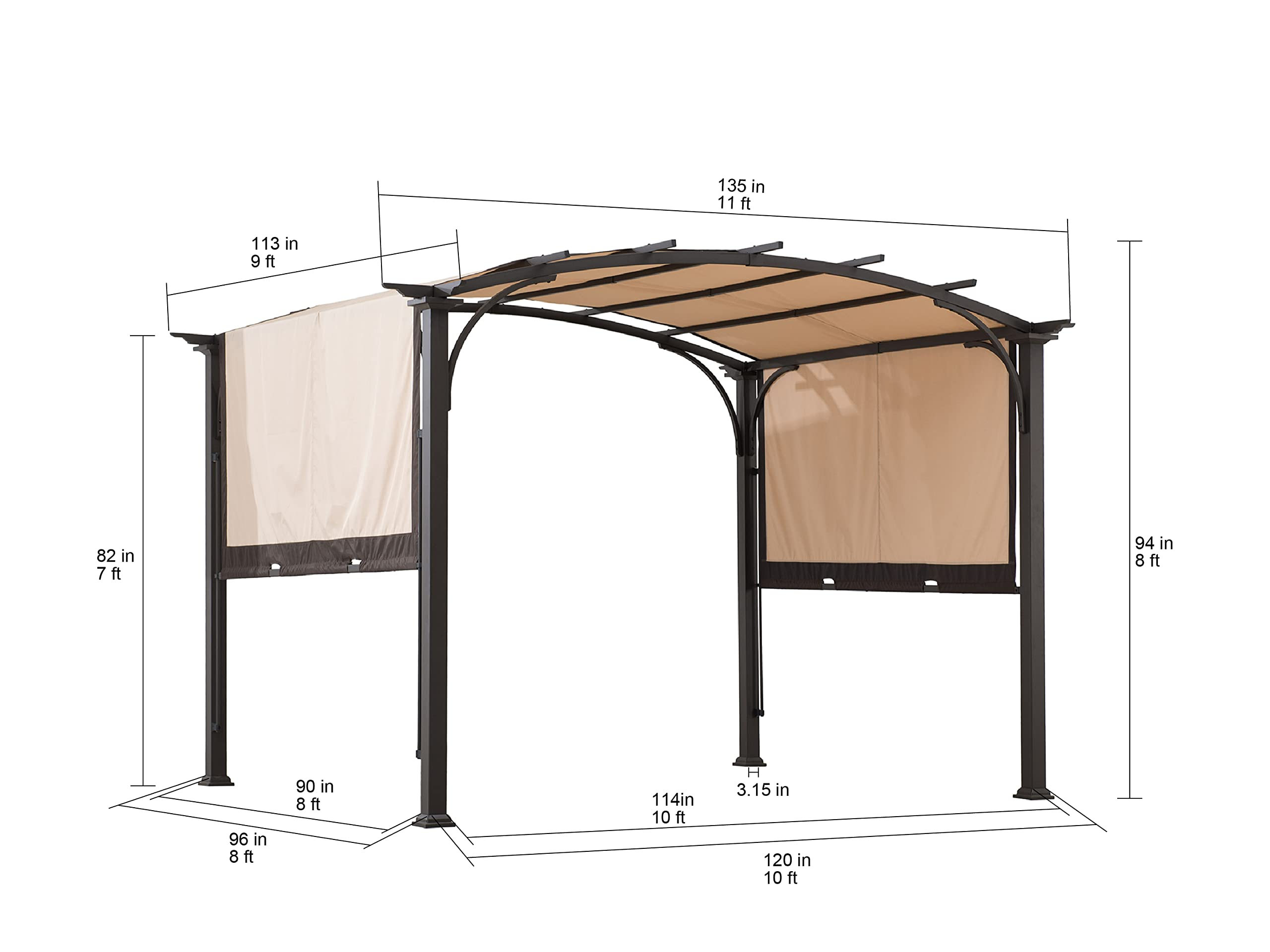 【Home&Garden】【BS】9.5x11 Steel Arched Pergola with 2-Tone Adjustable Shade, Tan & Brown