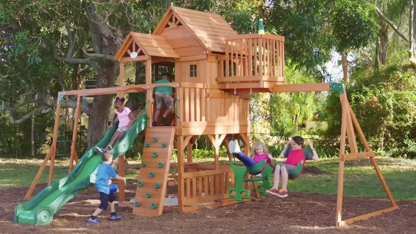 【Baby&Kids】Skyfort II Playground Cedar Wood Swing Set with Playhouse Fort, Sandbox, Picnic Table, Slide