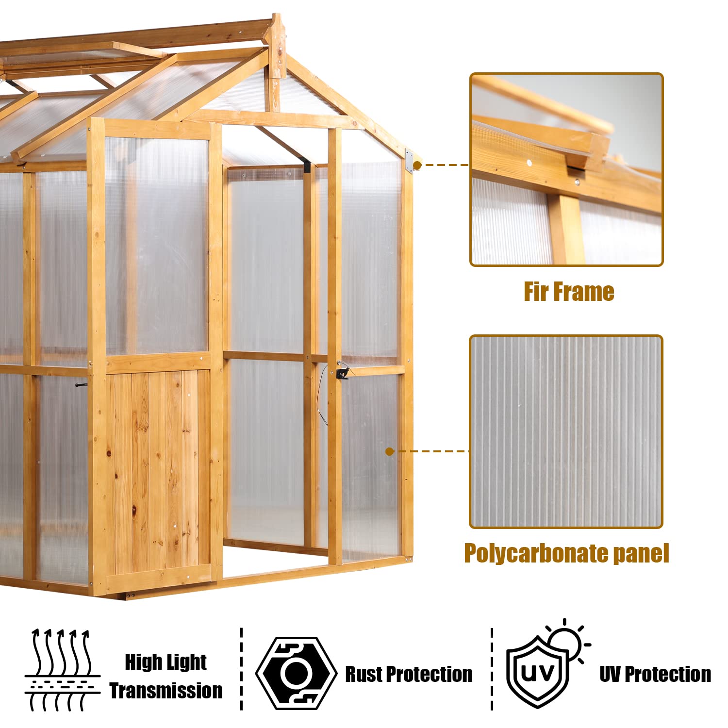 【Home&Garden】Outdoor Walk-in Greenhouse, Plant Gardening Polycarbonate Green House with Roof Vent