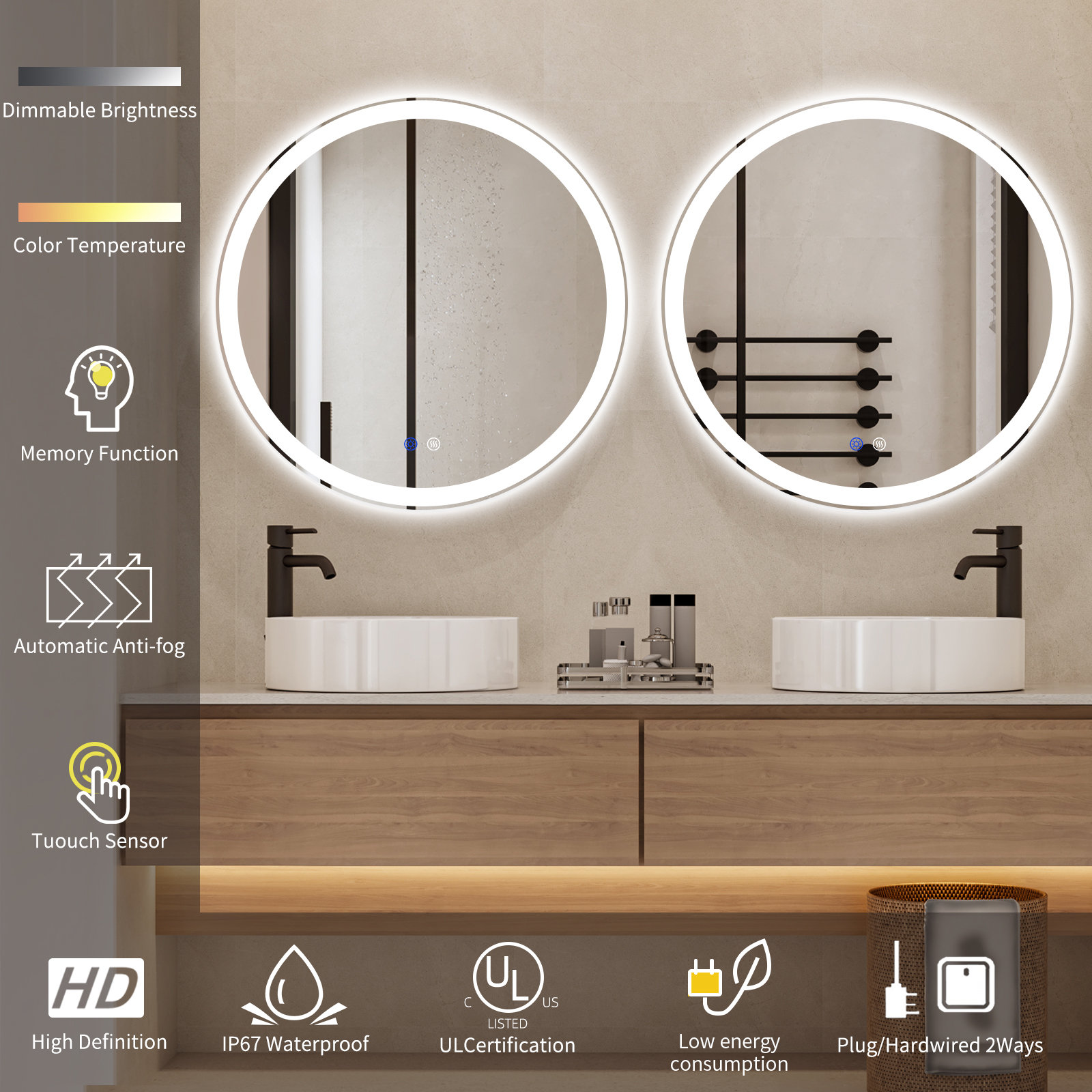 【Home Improvement】Modern & Contemporary Lighted Fog Free Round Bathroom / Vanity Mirror