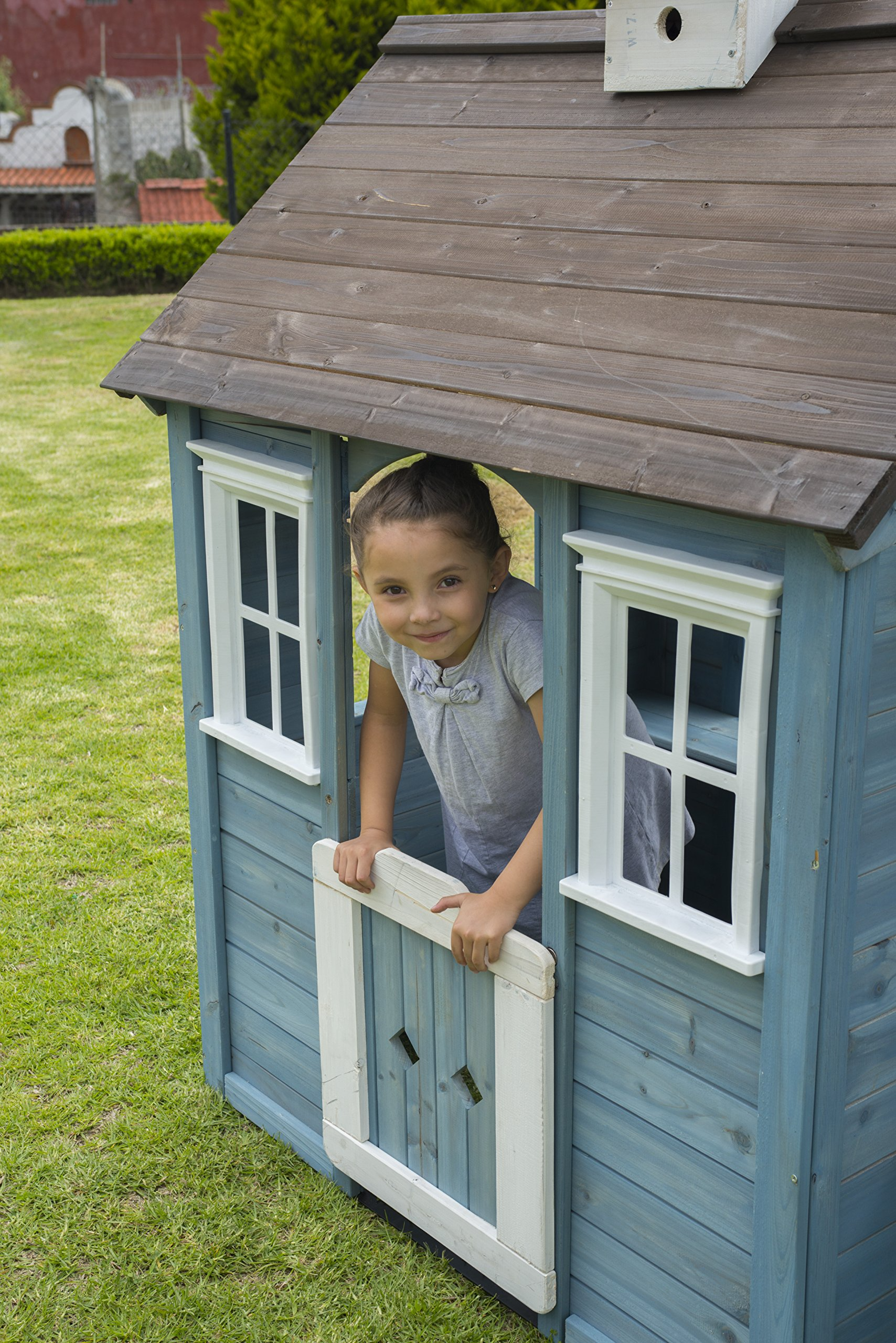 【Baby&Kids】Wooden Outdoor Playhouse with Bench, Blue, 83.6