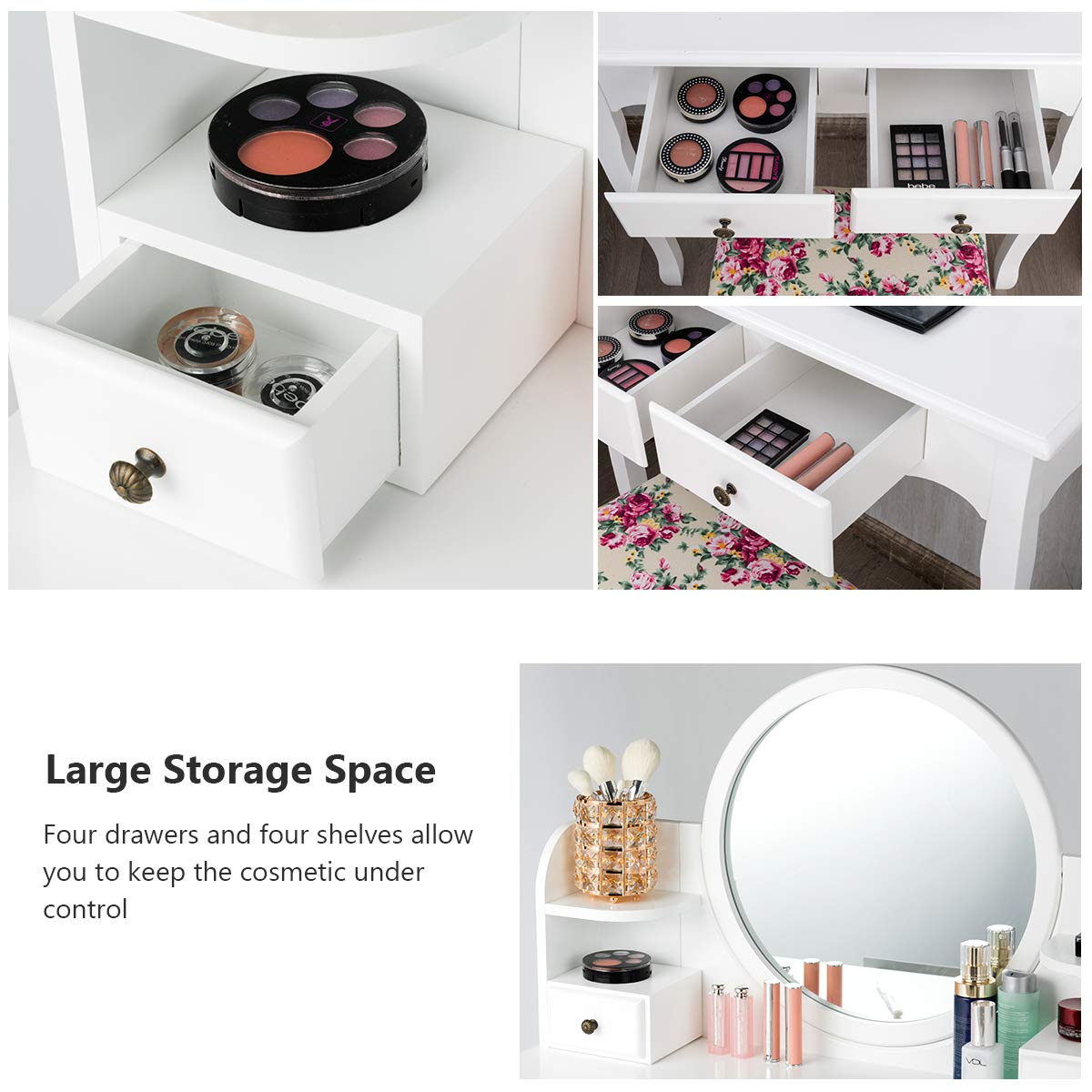 【Furniture】4 Storage Shelves and 4 Drawers, Makeup Table with 360° Pivoted Round Mirror