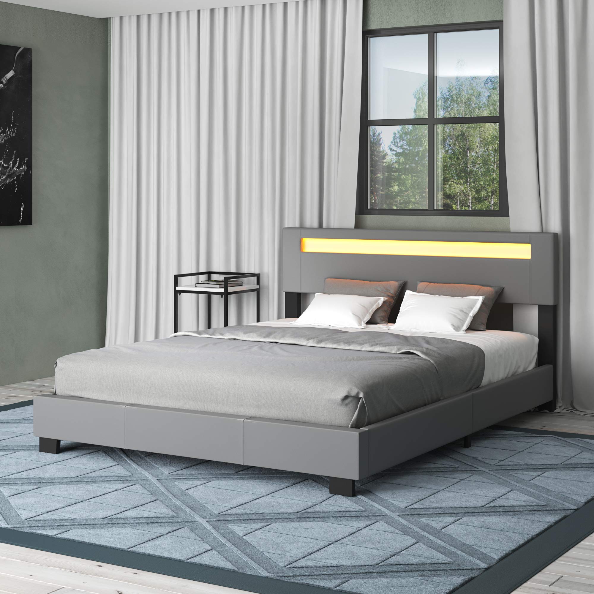 【Furniture】Pezzolla LED Bed Frame King Size - Contemporary Modern Low Profile Platform Bed with 16 Colors LED
