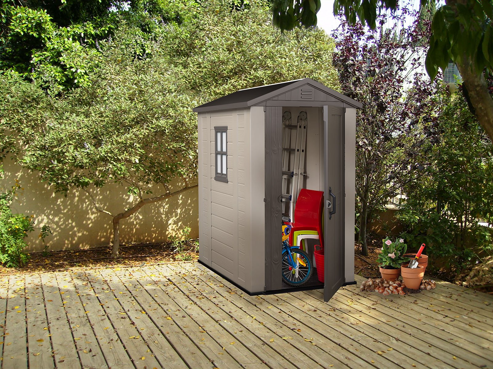 4 x 6  Plastic Garden Storage Shed, All-Weather Outdoor Storage Solution Shed, Includes Plastic Floor, Strong Structure & Maintenance-Free Vinyl Shed《NO8》
