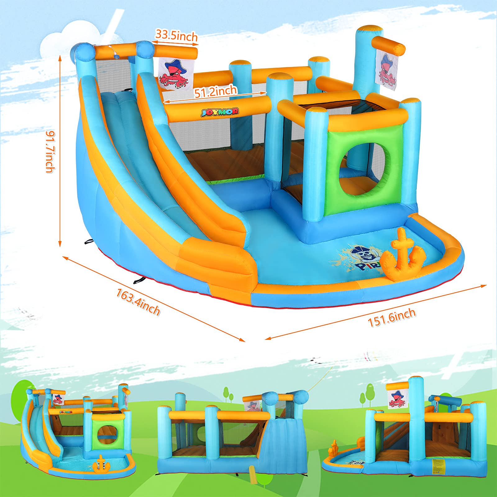 Inflatable Water Slide Park, Pirate Themed Bounce House, Obstacle Course, Water Cannon