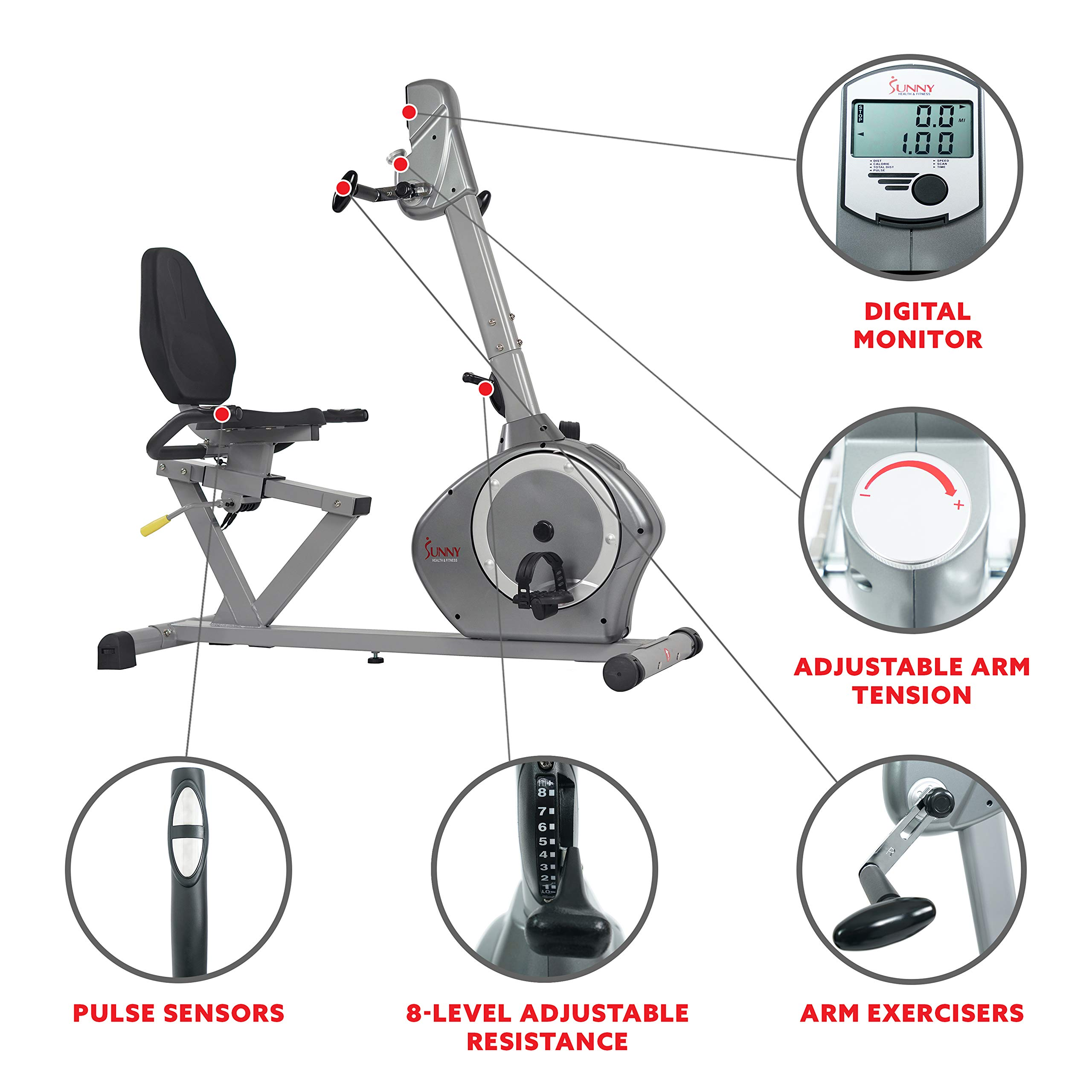 【Sports&Outdoors】Sunny Health & Fitness Recumbent Bike SF-RB4631 with Arm Exerciser, 350lb, Gray