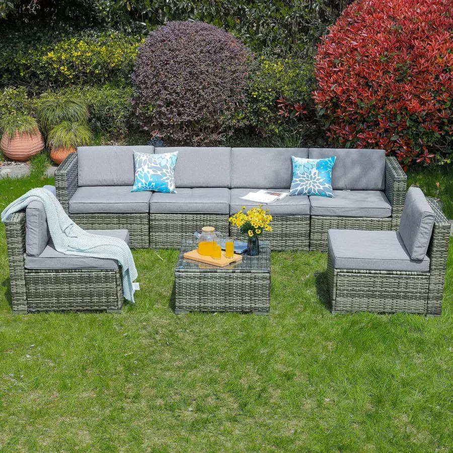 Patio Furniture Set, 7-Piece Outdoor Sectional with Waterproof Cover, All-Weather Wicker Patio Conversation Sets for Backyard (Grey with Grey Cushion)