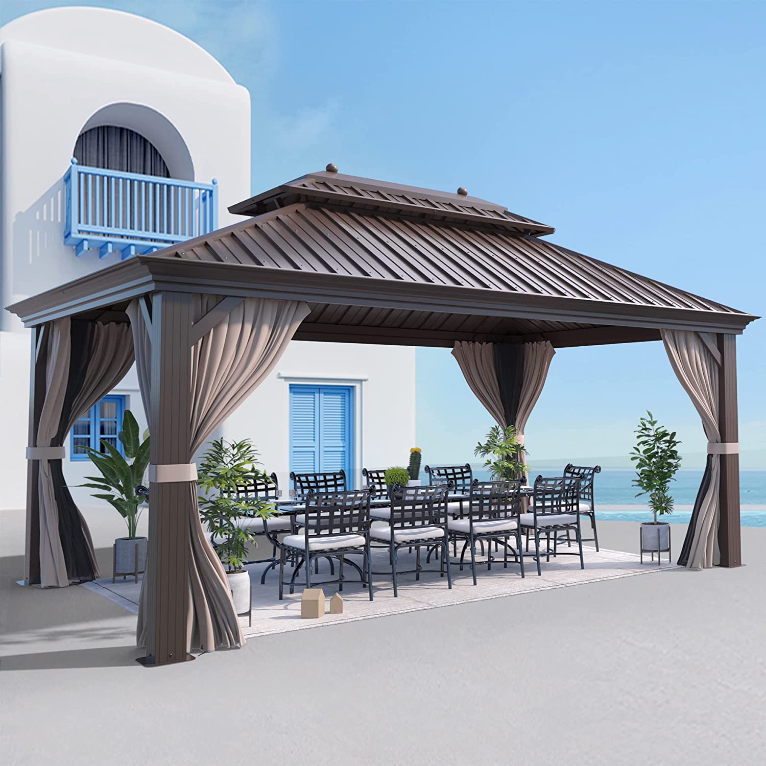 【Gazebo】10'x13' Hardtop Gazebo Galvanized Steel Outdoor Patio Gazebo Canopy Double Roof Pergolas