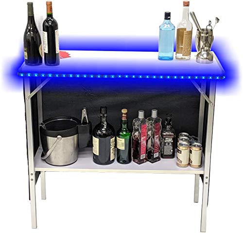 【Furniture】Folding Portable Party Bar w/Color-Changing LED Lights, Black & Hawaiian Bar Skirts & Storage Shelf