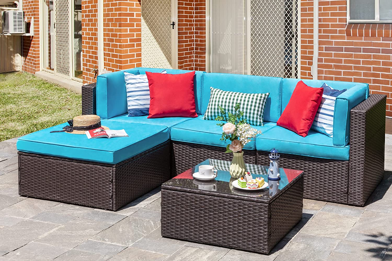 【Furniture】5 Pcs Patio Furniture Sets, All-Weather Brown PE Wicker Outdoor Couch Sectional Patio Set