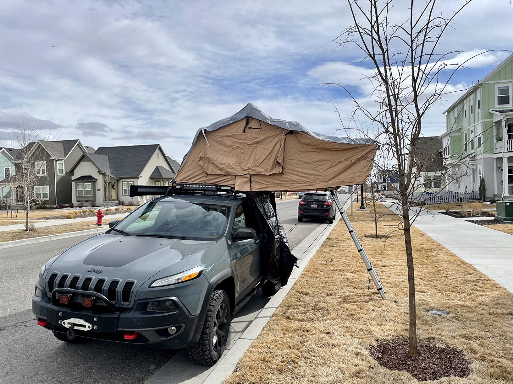 Overland Vehicle Systems TMBK 3 Person Roof Top Tent with Rain Fly Tan Body & Green Rainfly - Black Aluminum Base with Black Ladder - Universal Fitment