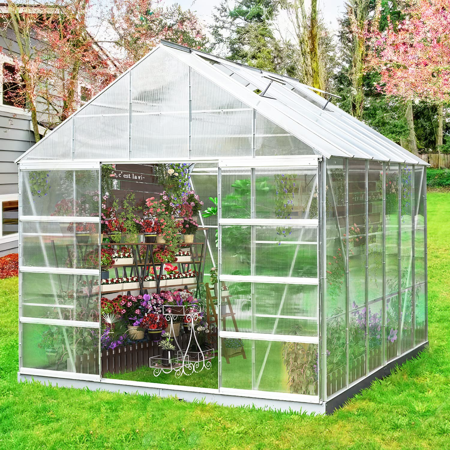 【Home&Garden】12'x10'x10.3' Outdoor Walk-in Hobby Greenhouse for Plants, Polycarbonate Aluminum Green House