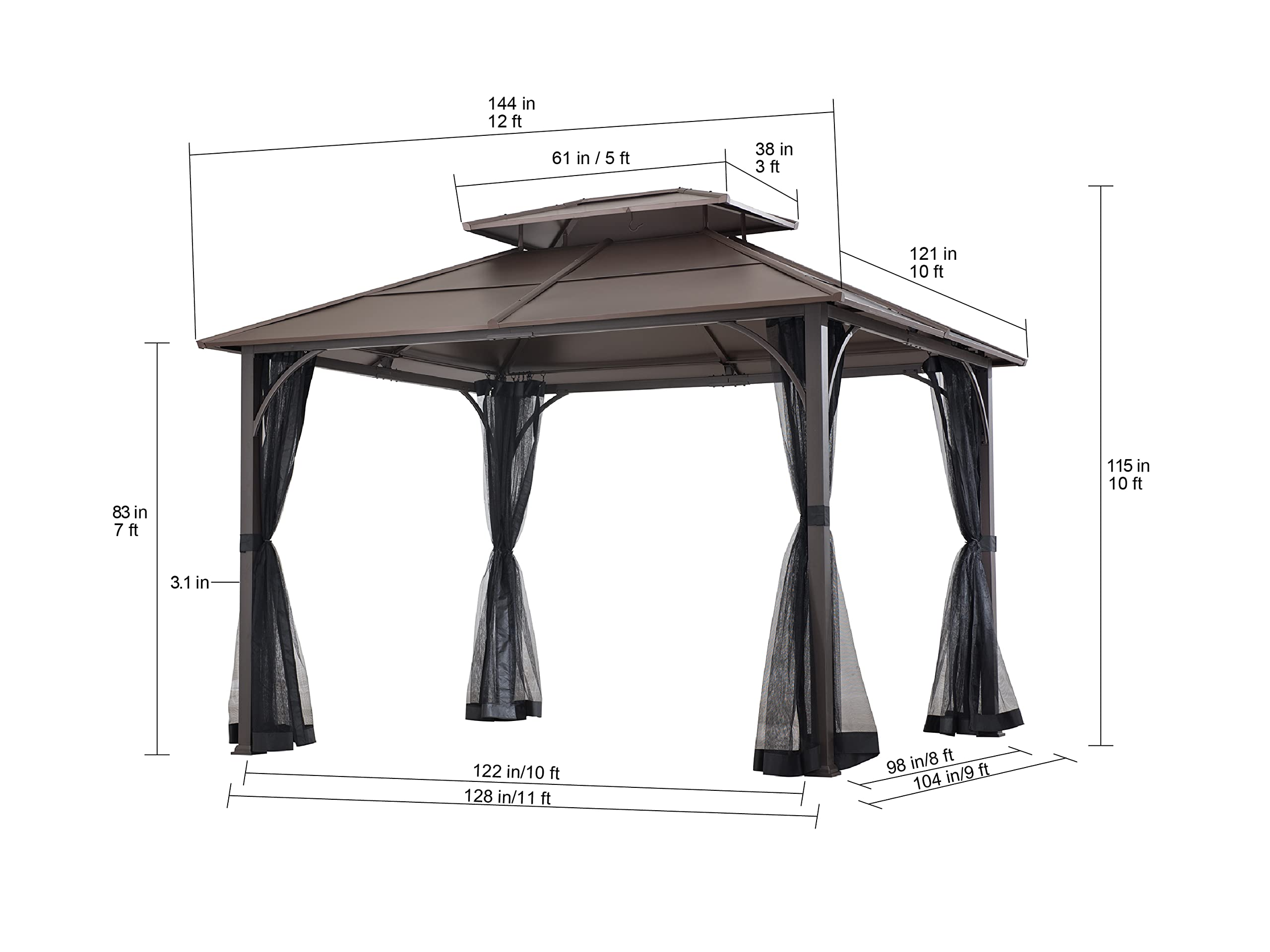 【Gazebo】10x12 Brown Steel Gazebo with 2-Tier Hip Roof Hardtop