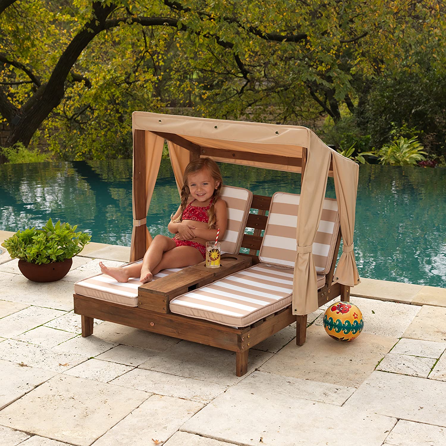 【Furniture】KidKraft 534 Double chaise longue avec porte-gobelets - Expresso et écru - en bois , Meuble de jardin pour enfant, 3-6 Ans