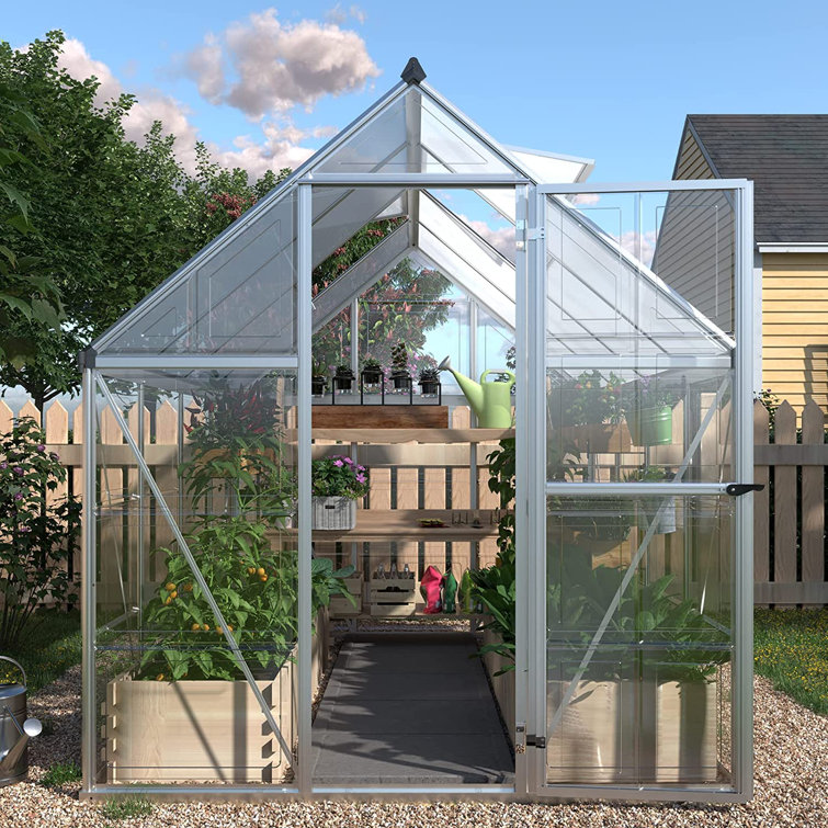 【Home & Garden】6x12 FT Hybrid Polycarbonate Greenhouse with 3 Vent Window Lockable Hinged Door
