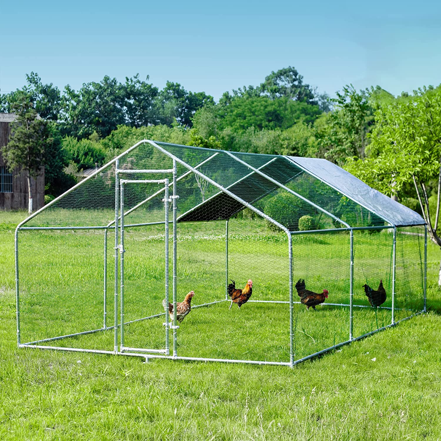 【Home&Garden】Large Metal Chicken Coops for 10 Chickens for Protection & Exercise Space, Walk-in Poultry Cage