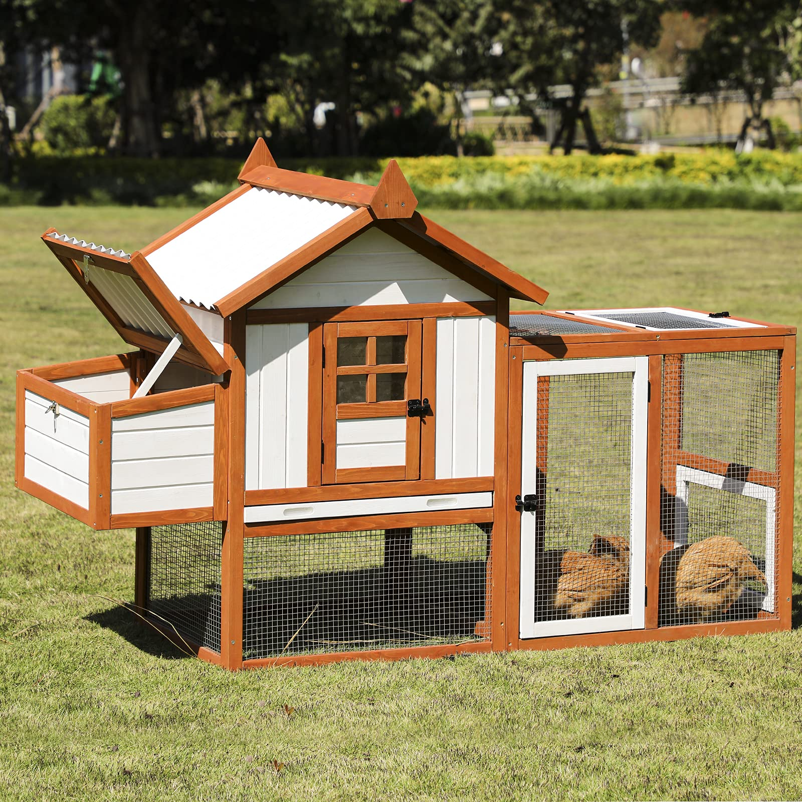 【Pet】Outdoor Wooden Multi-Level Chicken Coop, Poultry Cage wRamps, Run, Nesting Box, Wire Fence