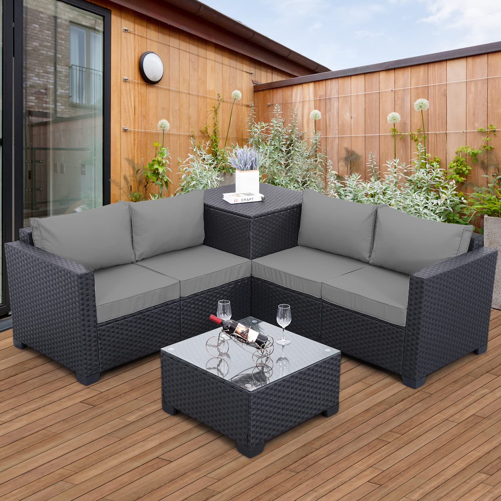 【Furniture】Outdoor PE Wicker Furniture Set 4 Piece Patio Black Rattan Sectional Loveseat Couch Set Conversation Sofa
