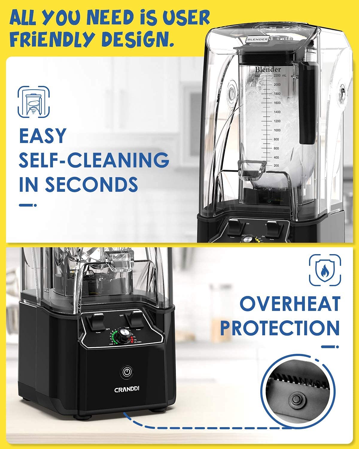 【Appliances】Quiet Blender, 2200 Watt Commercial Blenders for Kitchen with Soundproof Shield Cover