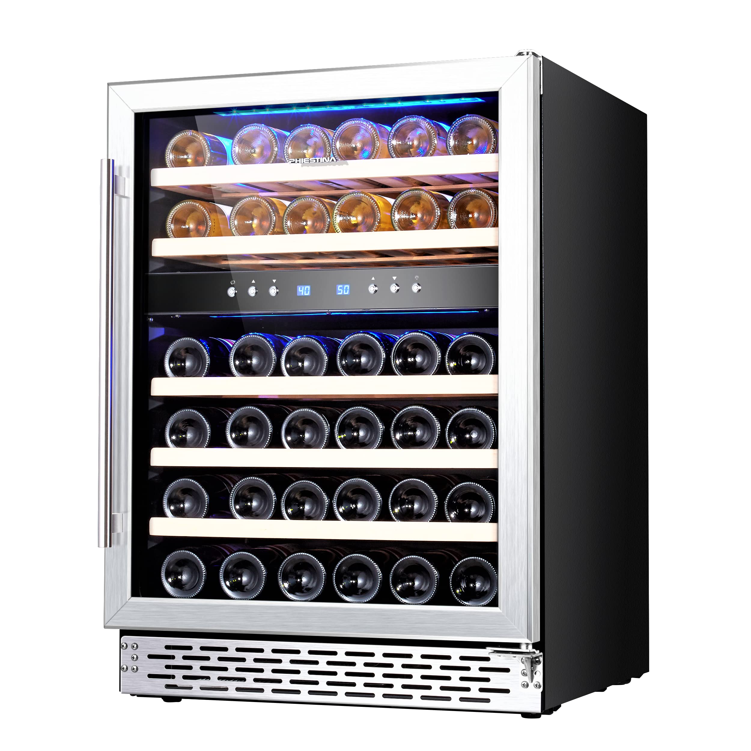 【Appliances】Phiestina 24 Inch Under Counter Wine Cooler - 46 Bottle Built-In Dual Zone Compressor Wine Refrigerator