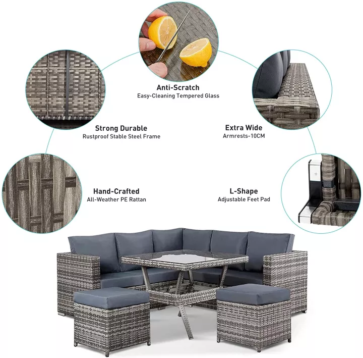 【Furniture】Semi-Assembled Rattan Garden Furniture Set 5 Piece Corner Sofa Cutlery Set