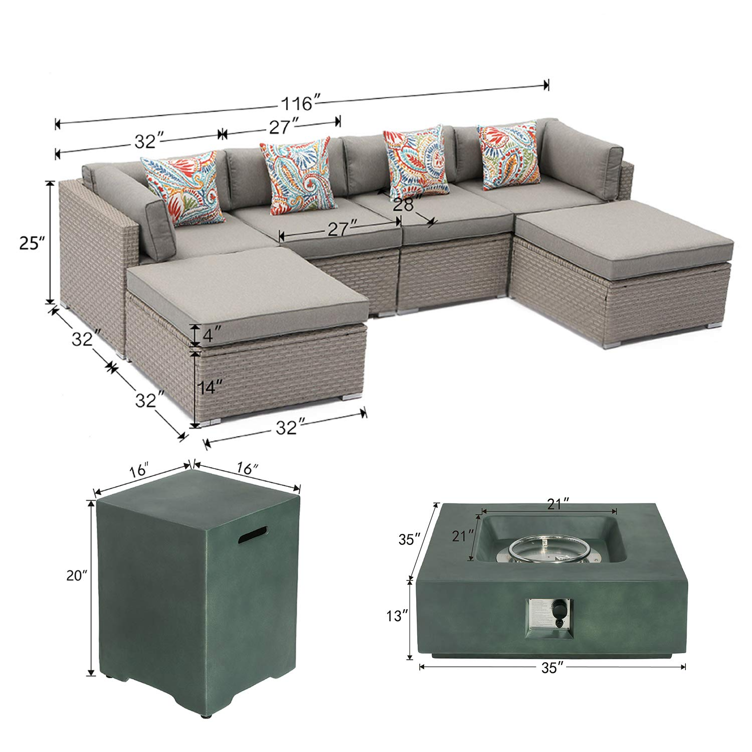 【Home&Garden】8-Pc Fire Pit Table Outdoor Furniture Sofa, Wicker Cushion Sectional w Celadon Fire Heater《NO8》
