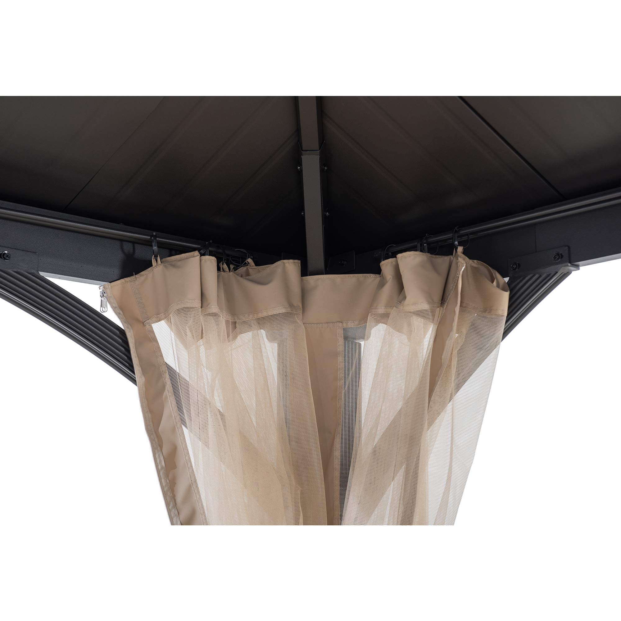 【Gazebo】10.5x12.5 ft. Outdoor Patio Black Steel Frame Hardtop Gazebo with 2-Tier Steel Roof & Mesh Netting