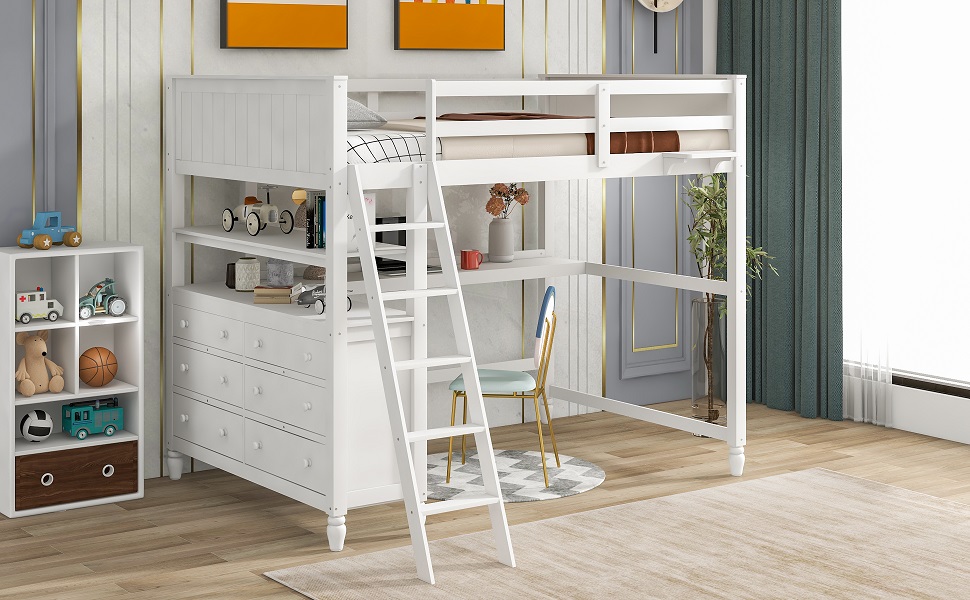 【Furniture】Full Size Loft Bed, Full Loft Bed with Desk, Wood Loft Bed Frame with Drawers & Shelves