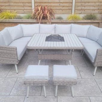 Weave Garden Furniture Danielle Grey Rattan U Shaped Corner Sofa Dining Set with FireDrinks Pit.