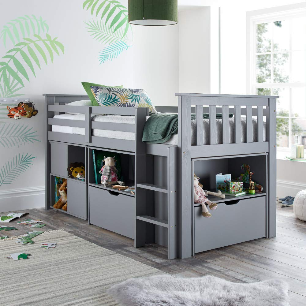 【Furniture】Milo Grey Wooden Mid Sleeper Kids Bunk Bed with Pocket Sprung Mattress 3' Single 90x190 cm