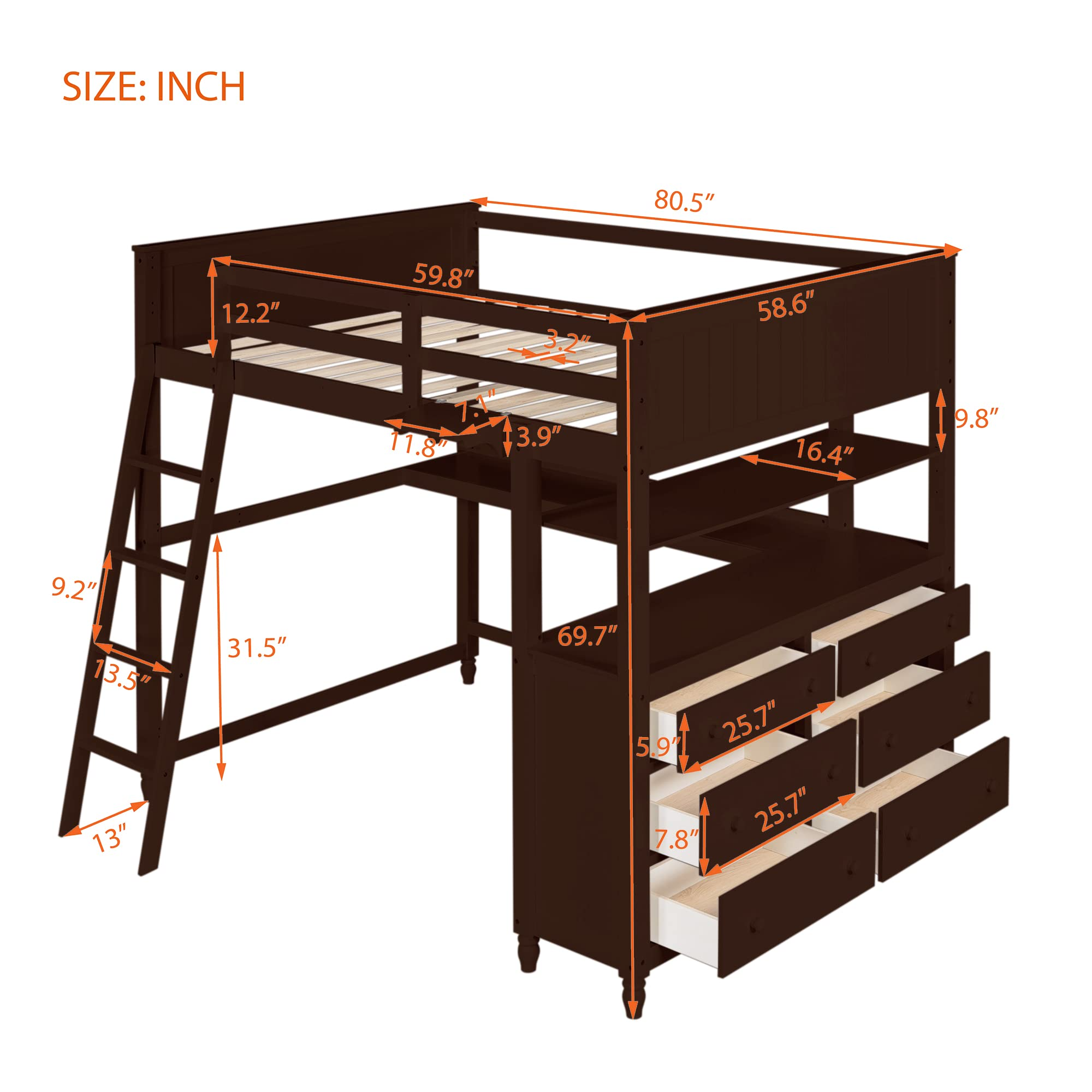 【Furniture】Full Size Loft Bed, Full Loft Bed with Desk, Wood Loft Bed Frame with Drawers & Shelves