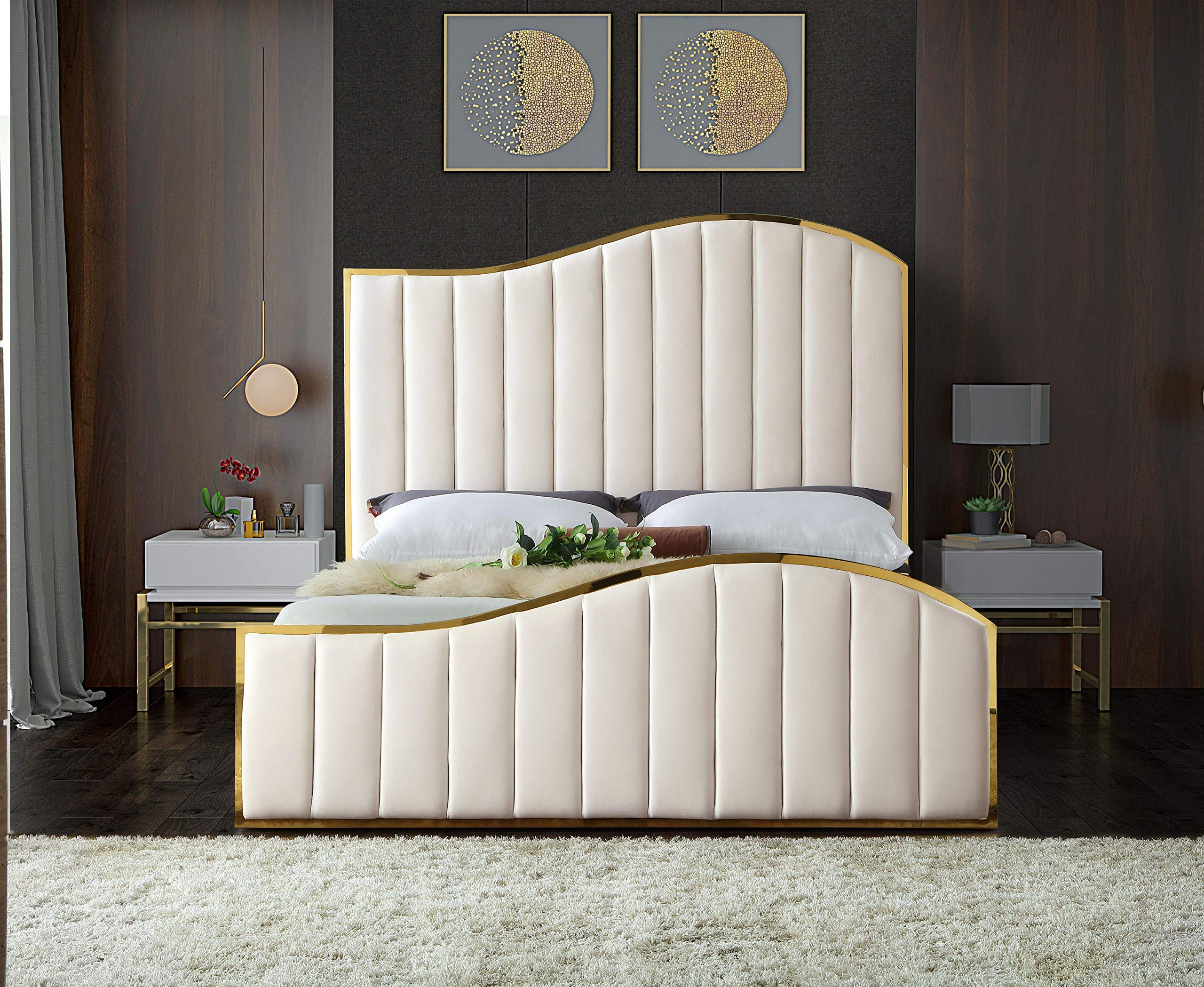 【Furniture】Contemporary Velvet Upholstered Bed With Channel Tufting & Polished Gold Metal Frame, King