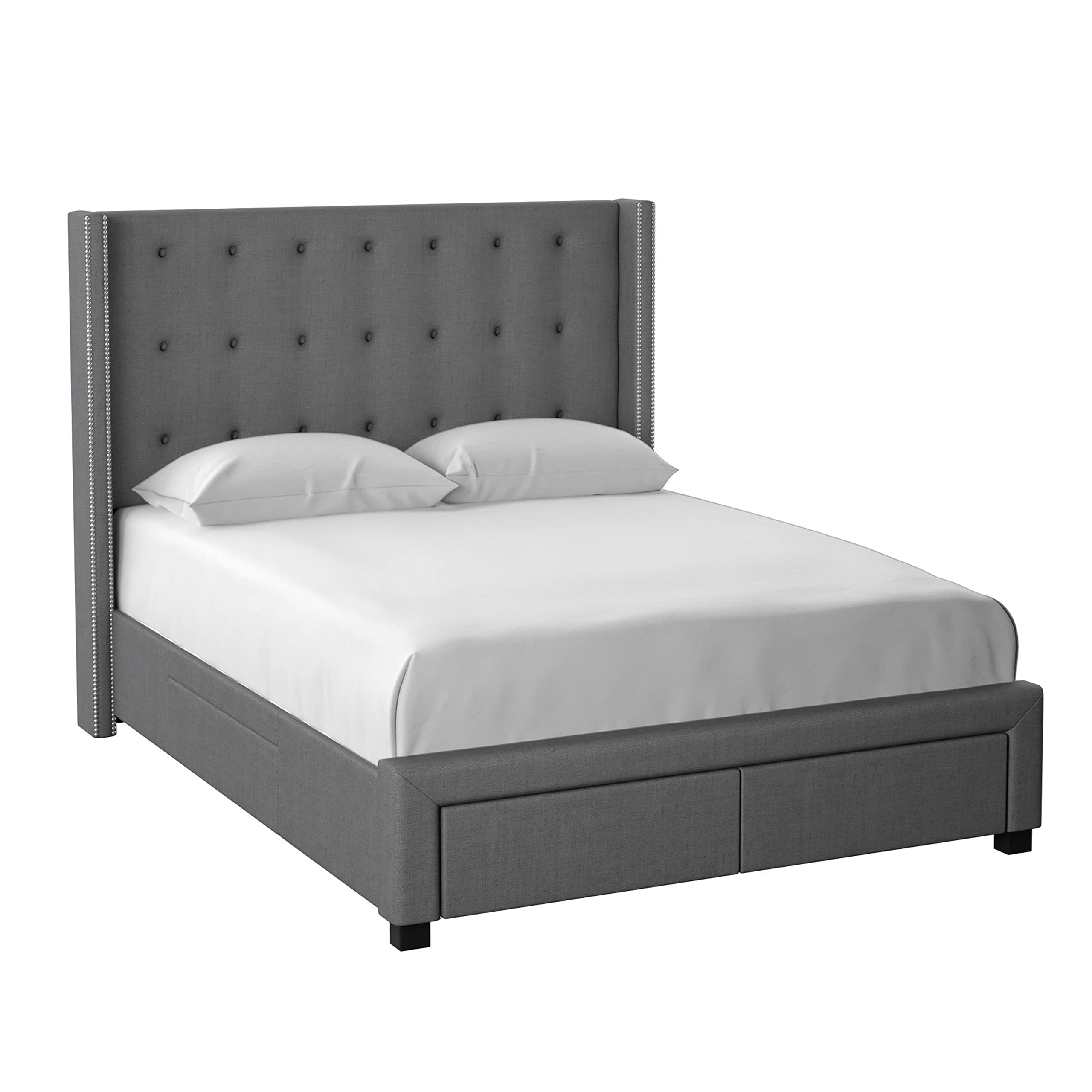 【Furniture】Savoy Tufted Upholstered Wingback Panel Storage Bed Frame, King Size in Grey Fabric