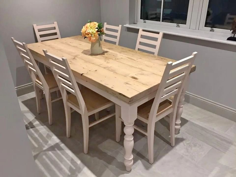 Farmhouse dining table with reclaimed wood top and 6 chairs