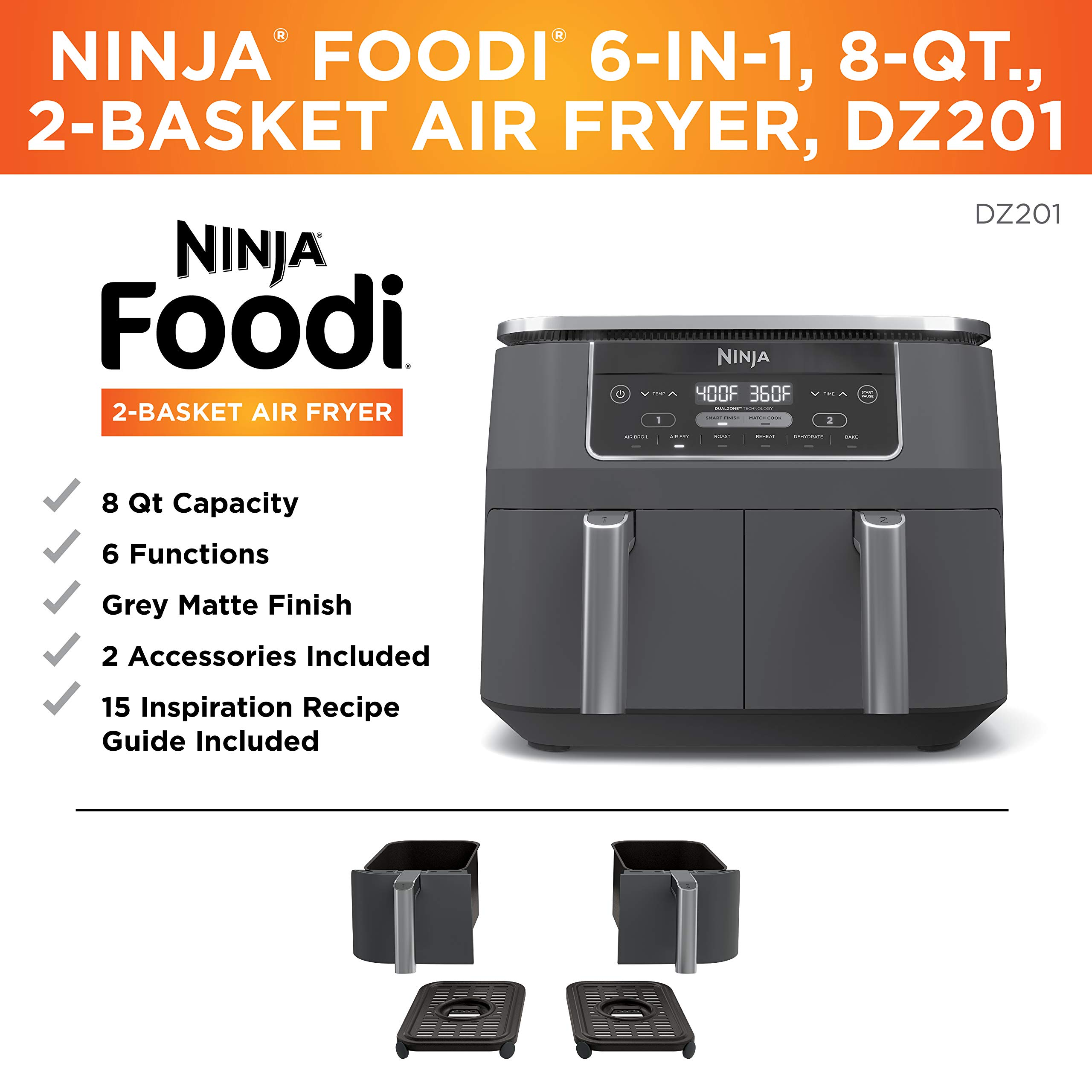 【Electronics】【BS】Ninja DZ201 Foodi 8 Quart 6-in-1 DualZone 2-Basket Air Fryer with 2 Independent Frying Baskets