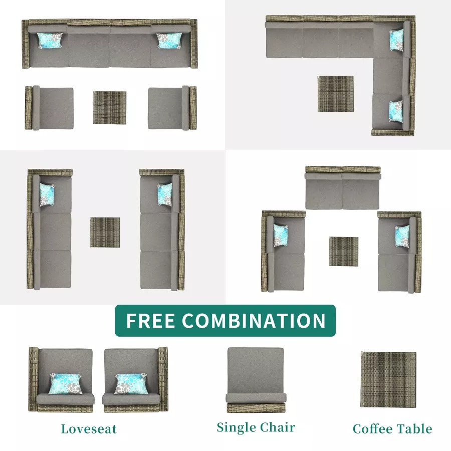 Patio Furniture Set, 7-Piece Outdoor Sectional with Waterproof Cover, All-Weather Wicker Patio Conversation Sets for Backyard (Grey with Grey Cushion)