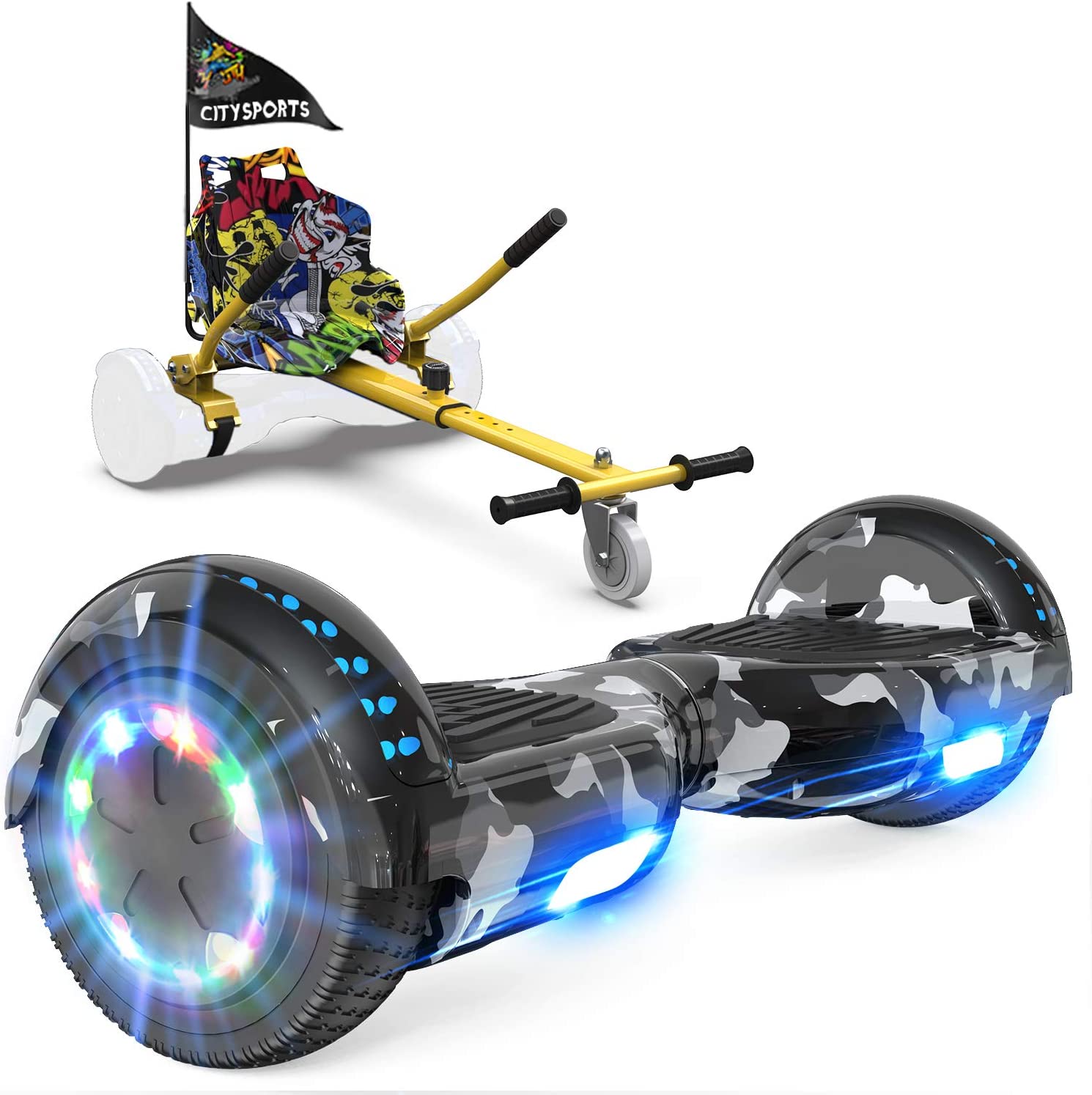 GeekMe hoverboards go kart attachment, Hoverboards with Hoverkart 6.5 inch with Bluetooth Speaker, LED Lights, Gift for Kid, Teenager and Adult