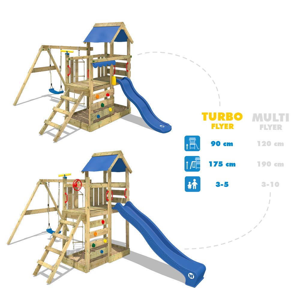 【Baby&Kids】Wooden climbing frame TurboFlyer with swing set and blue slide, Garden playhouse