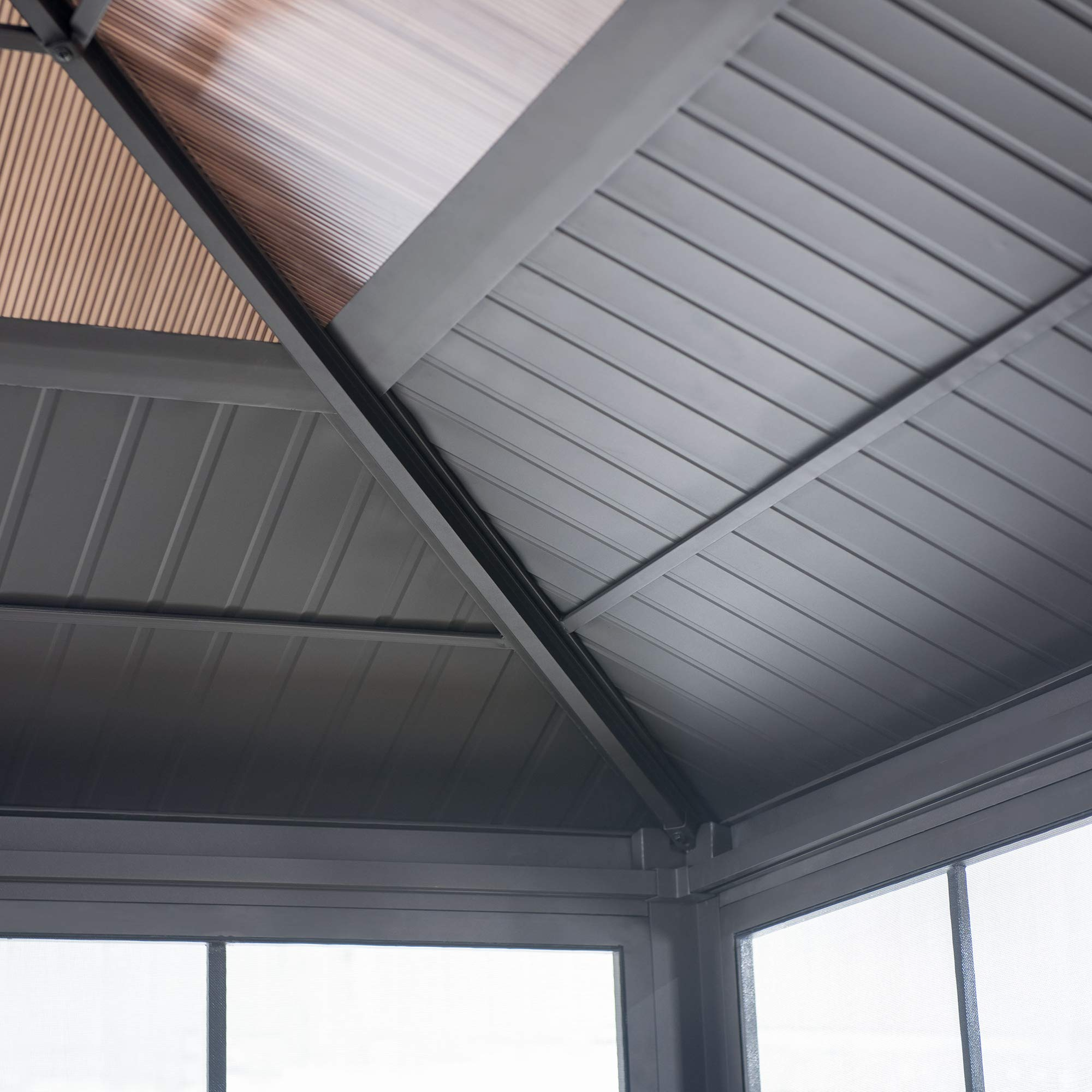 【Home&Garden】Outdoor Sunroom 12x14 ft. Steel Screenhouse with 2-Tier Hardtop Hot Tub Gazebo, Brown《NO8》