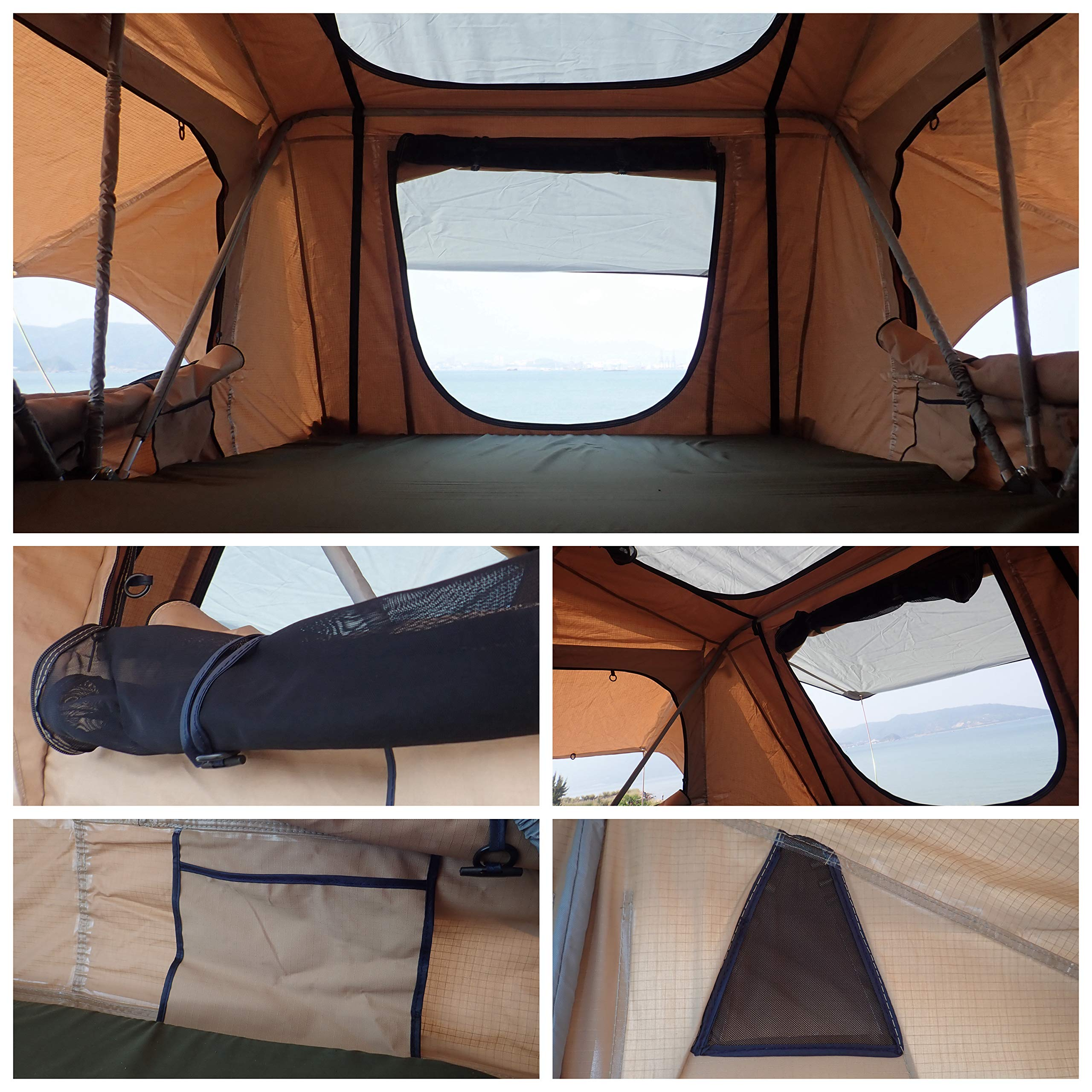 Overland Vehicle Systems TMBK 3 Person Roof Top Tent with Rain Fly Tan Body & Green Rainfly - Black Aluminum Base with Black Ladder - Universal Fitment