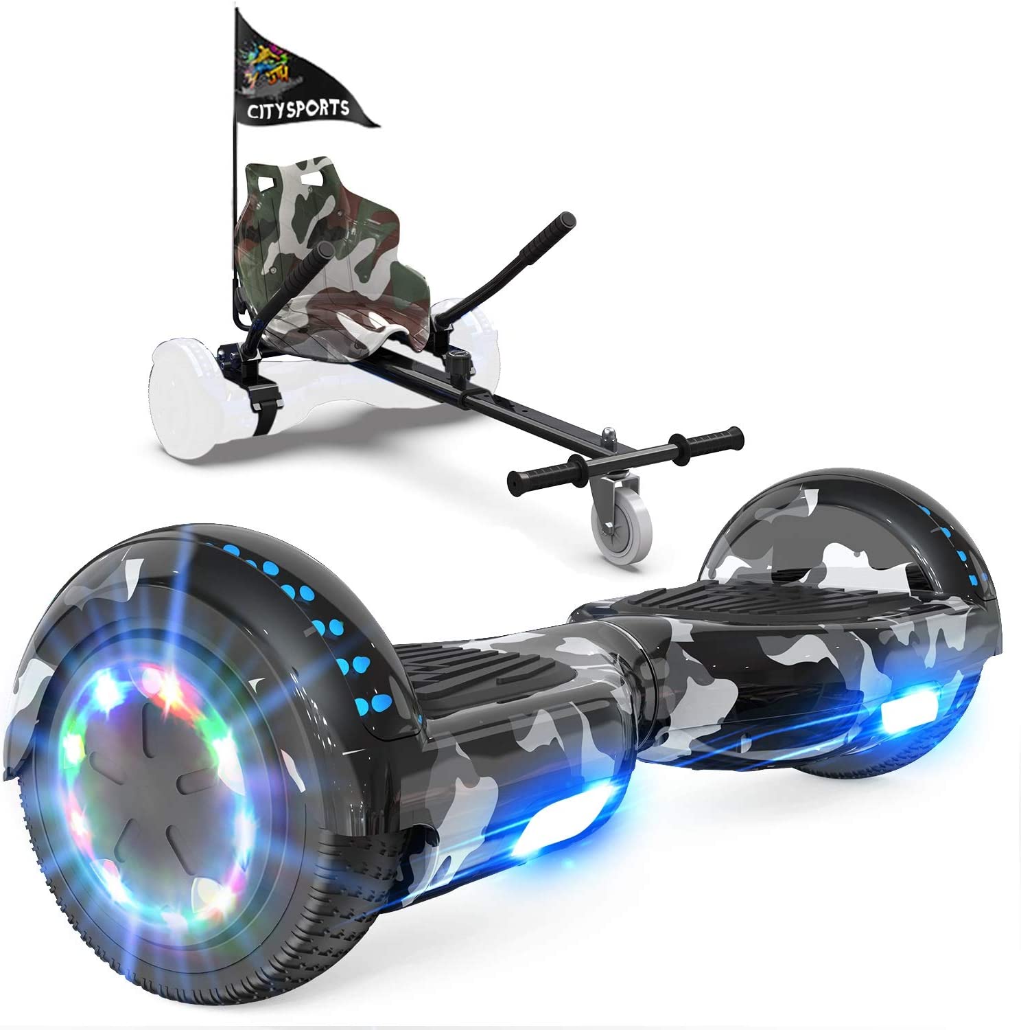 GeekMe hoverboards go kart attachment, Hoverboards with Hoverkart 6.5 inch with Bluetooth Speaker, LED Lights, Gift for Kid, Teenager and Adult