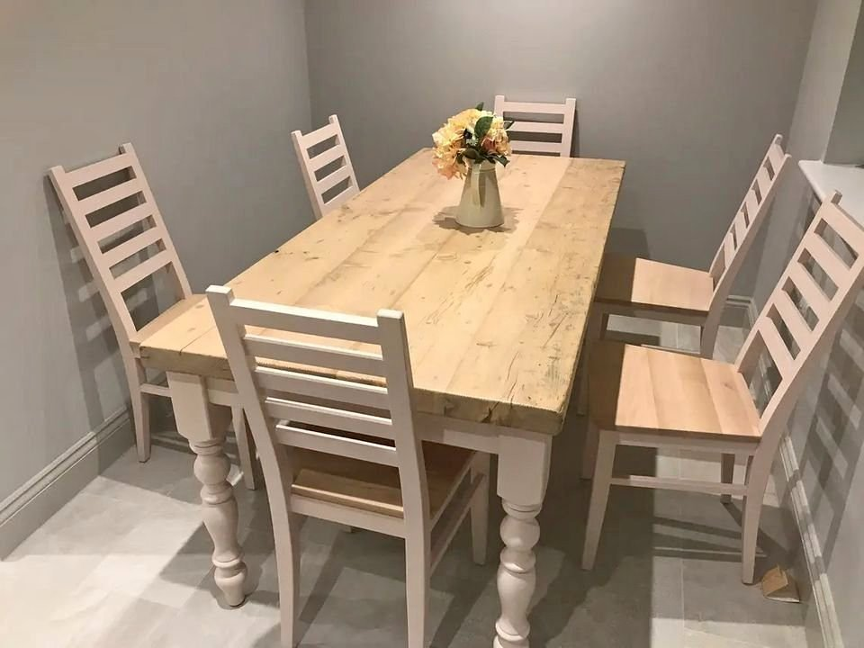 Farmhouse dining table with reclaimed wood top and 6 chairs
