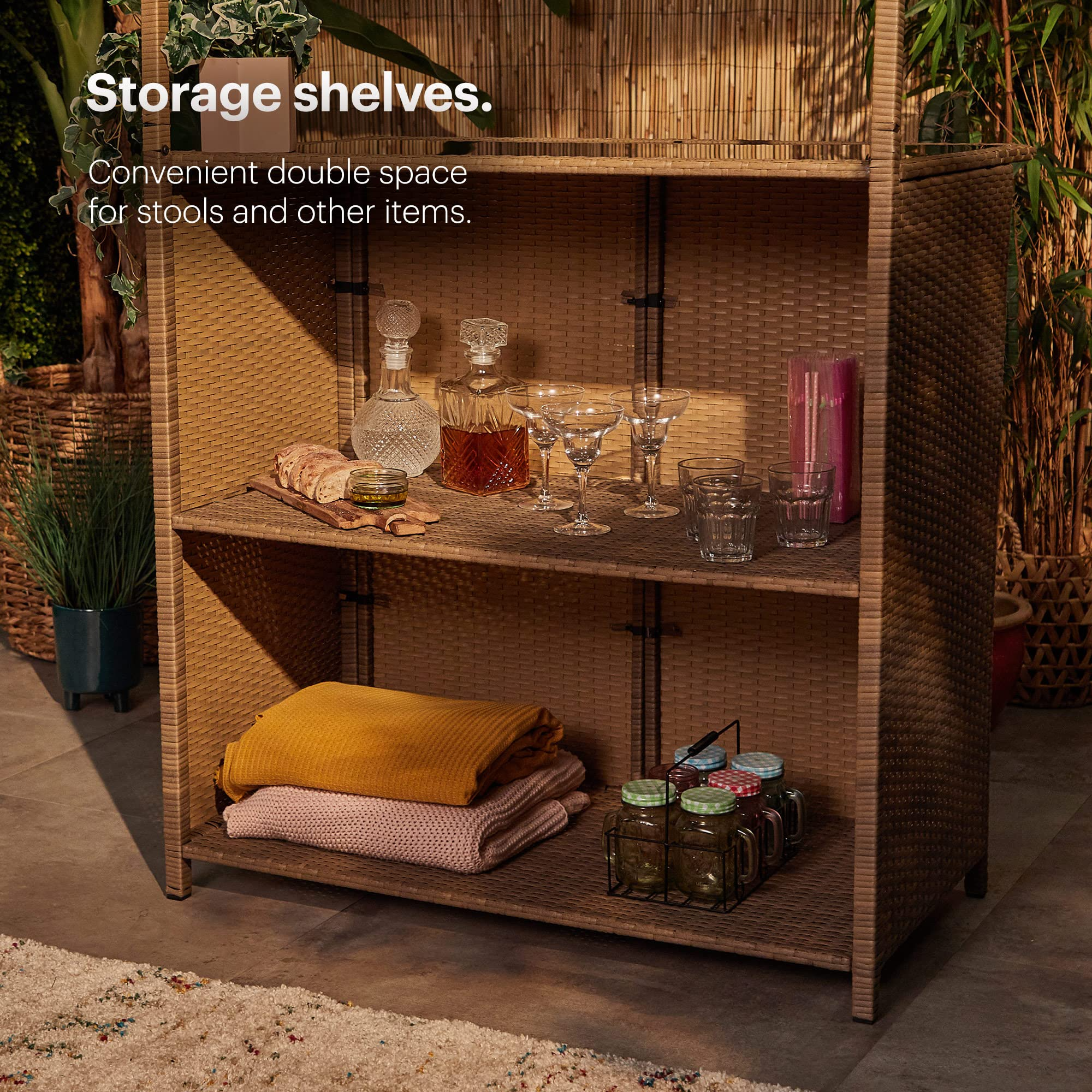 【Home&Garden】Bar Set - Garden Bar Table, 2 Stools & Canopy Roof - Hand-Woven Rattan Cocktail Outdoor Bar