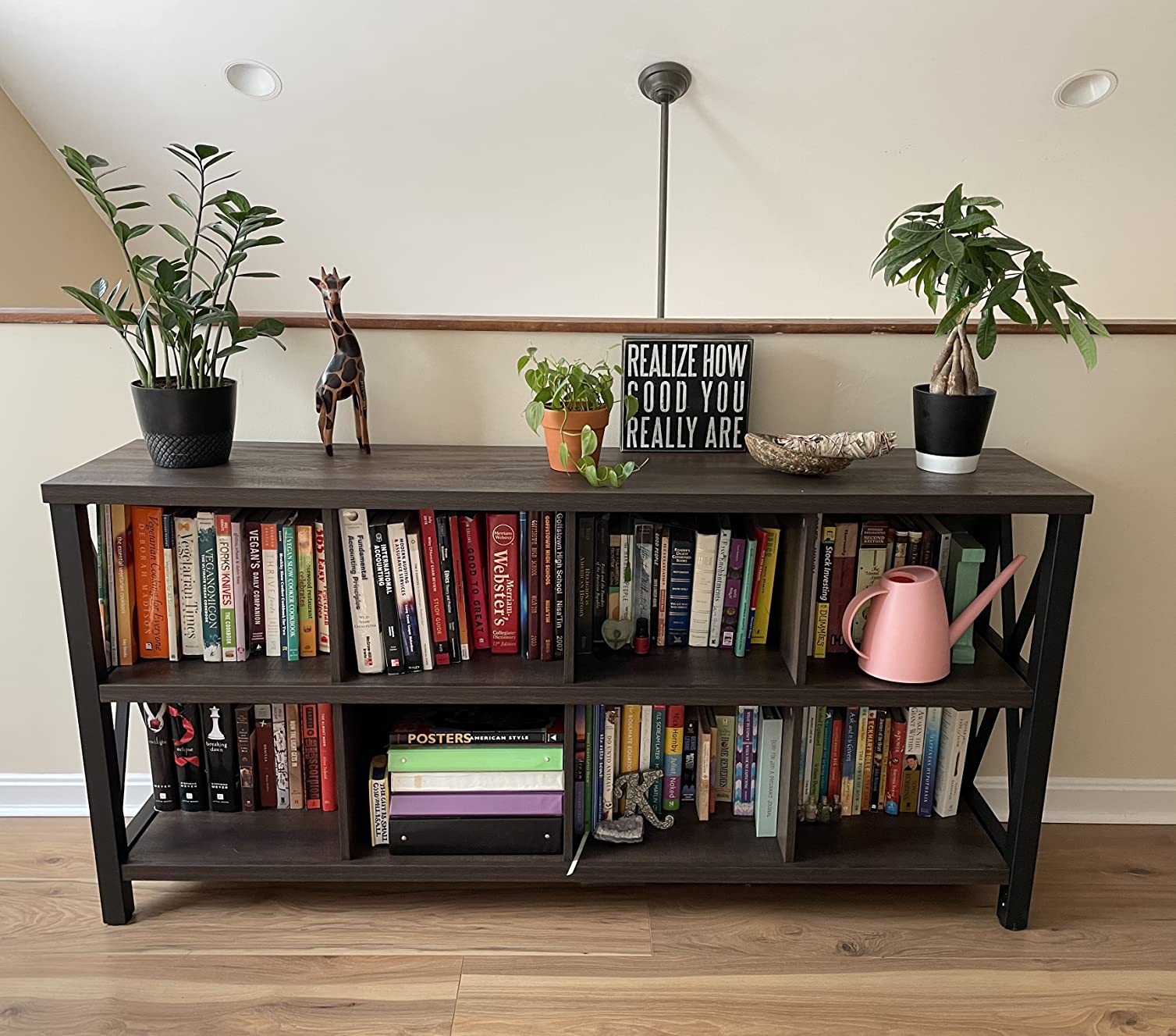 【Furniture】8 Cube Storage Organizer Bookshelf, Rustic Wood Cubby Bookcase, Industrial Horizontal Long Shelf