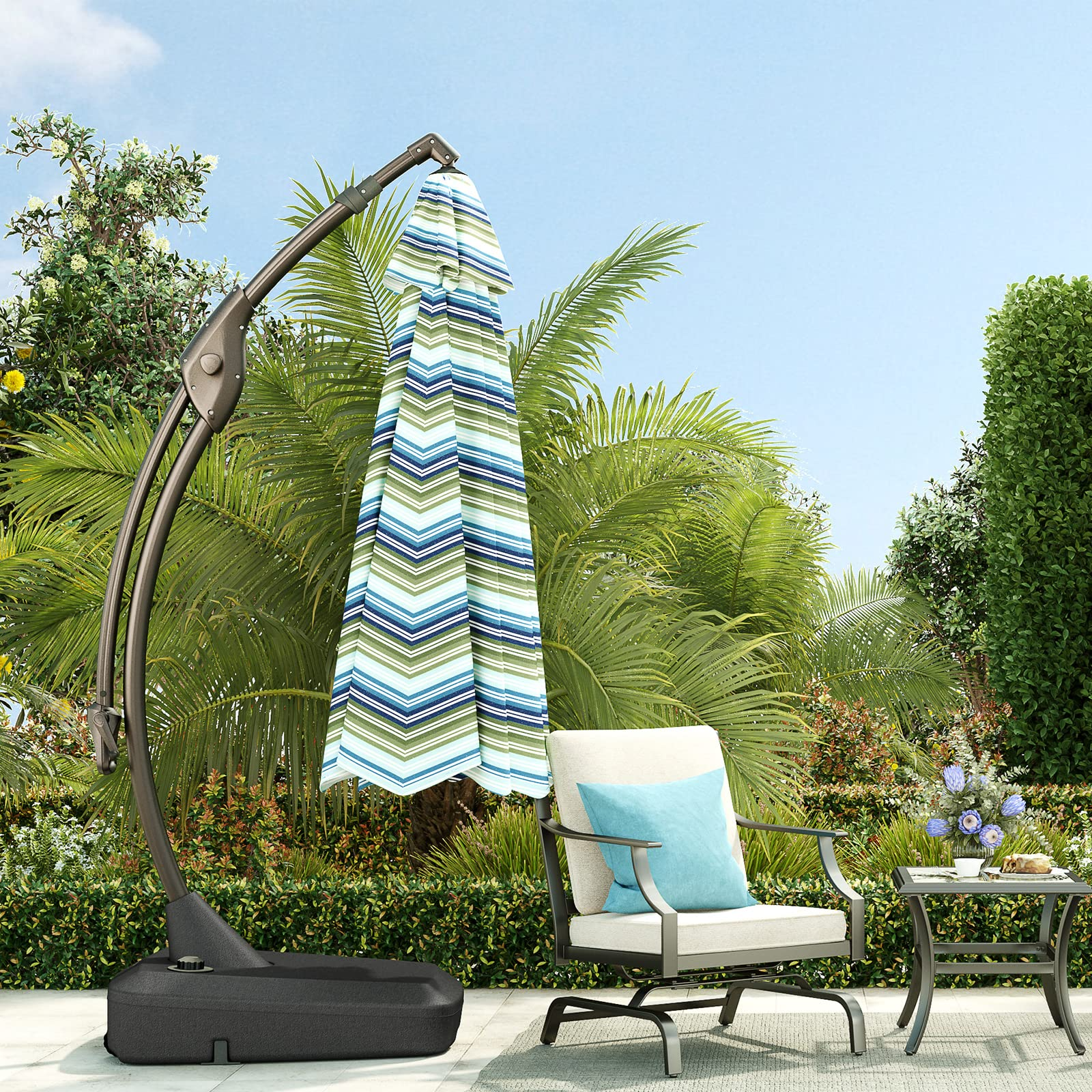 【Home&Garden】11 FT Deluxe NAPOLI Curvy Aluminum Offset Umbrella, Patio Cantilever Umbrella with Base