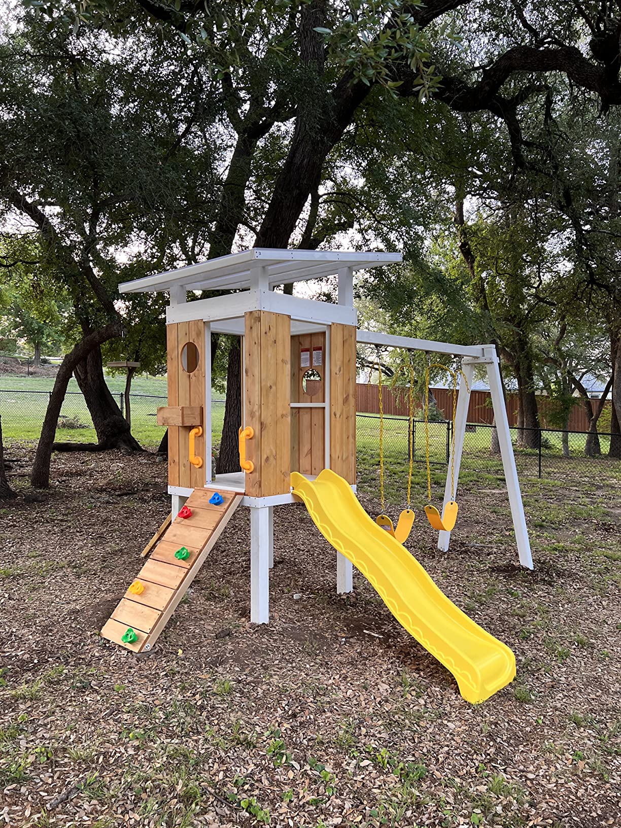 【Baby&Kids】Modern Outdoor Backyard Swing Set Children's Rock Climbing Wood Playground Playset 2 Belt Swings