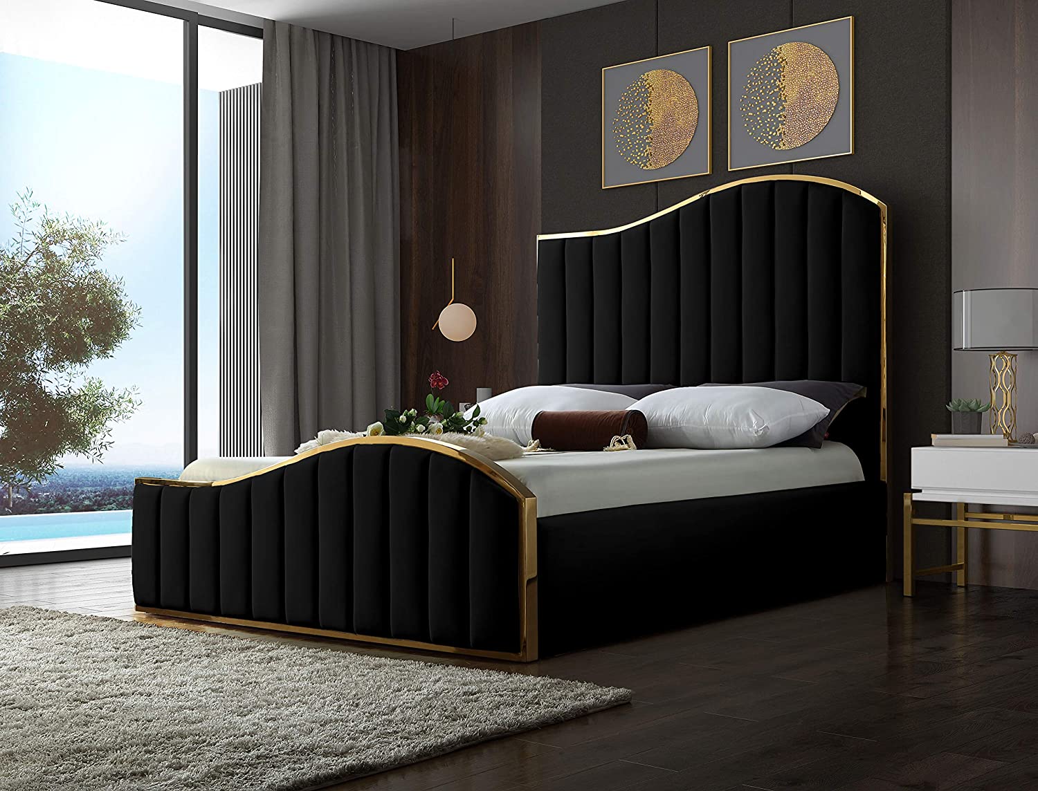 【Furniture】Contemporary Velvet Upholstered Bed With Channel Tufting & Polished Gold Metal Frame, King