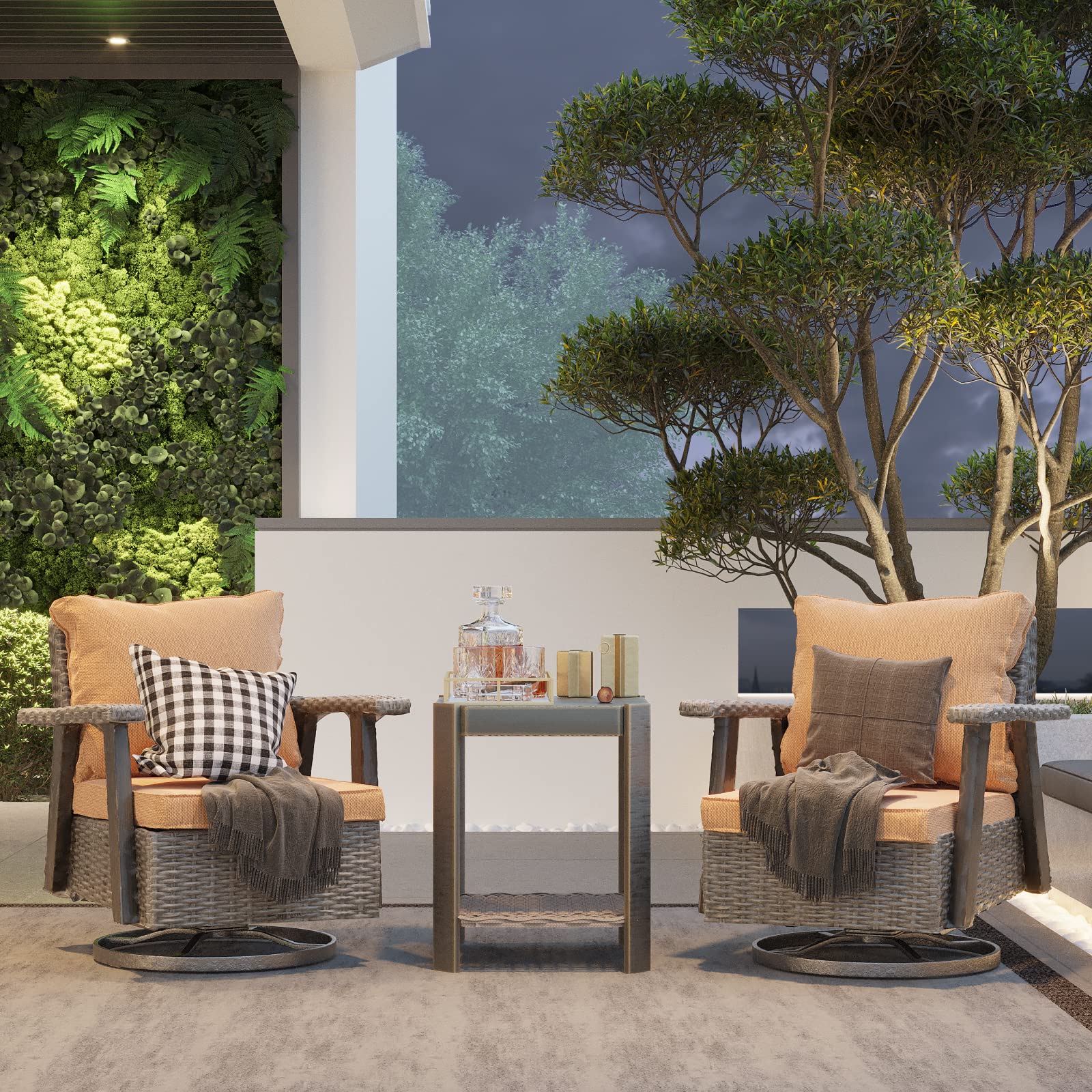 【Furniture】Outdoor Swivel Rocker Patio Chairs Sets of 2 and Matching Side Table - 3 Piece Wicker Patio Bistro Set