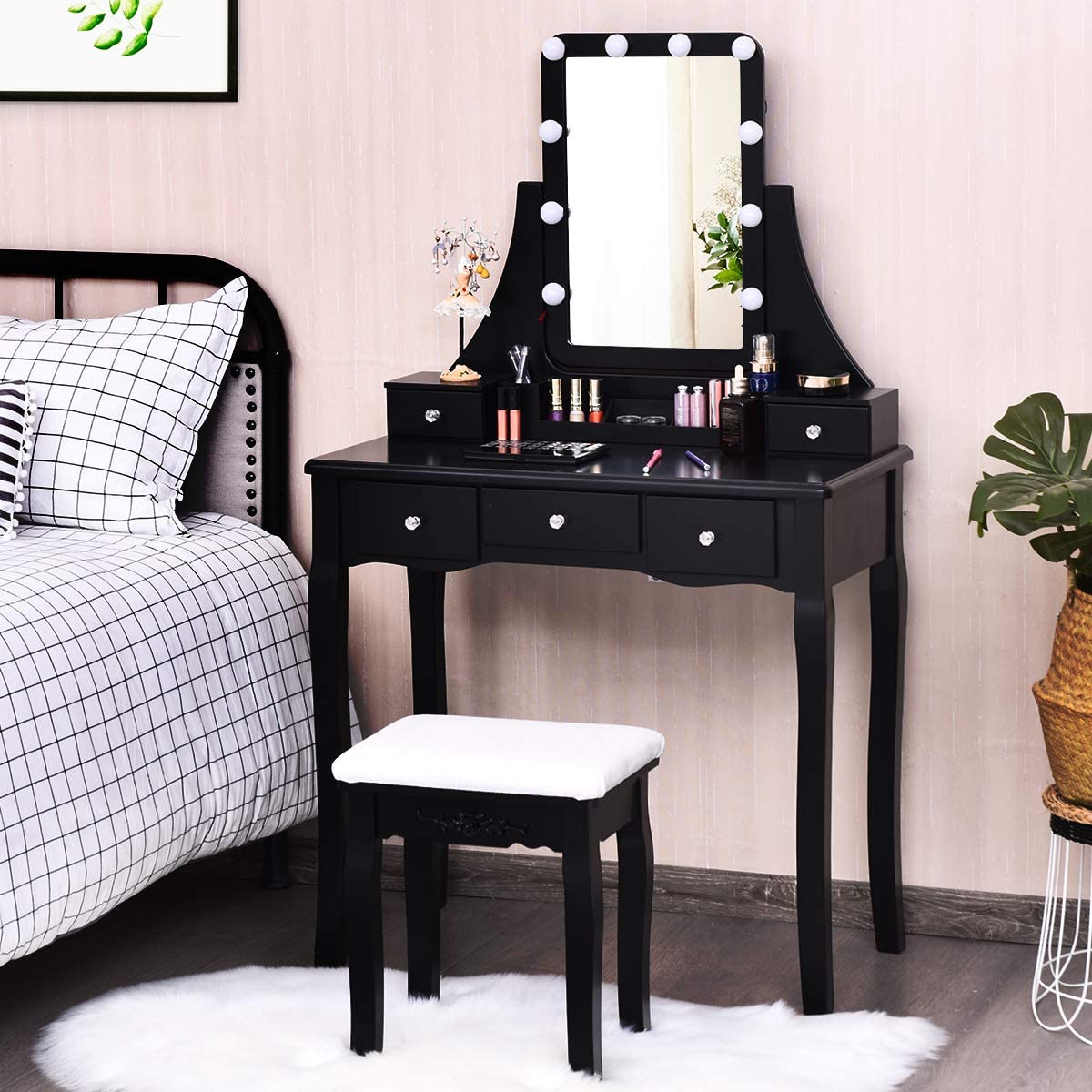 【Furniture】Vanity Set with Lighted Mirror, 10 Dimmable Light Bulbs Vanity 5 Drawer