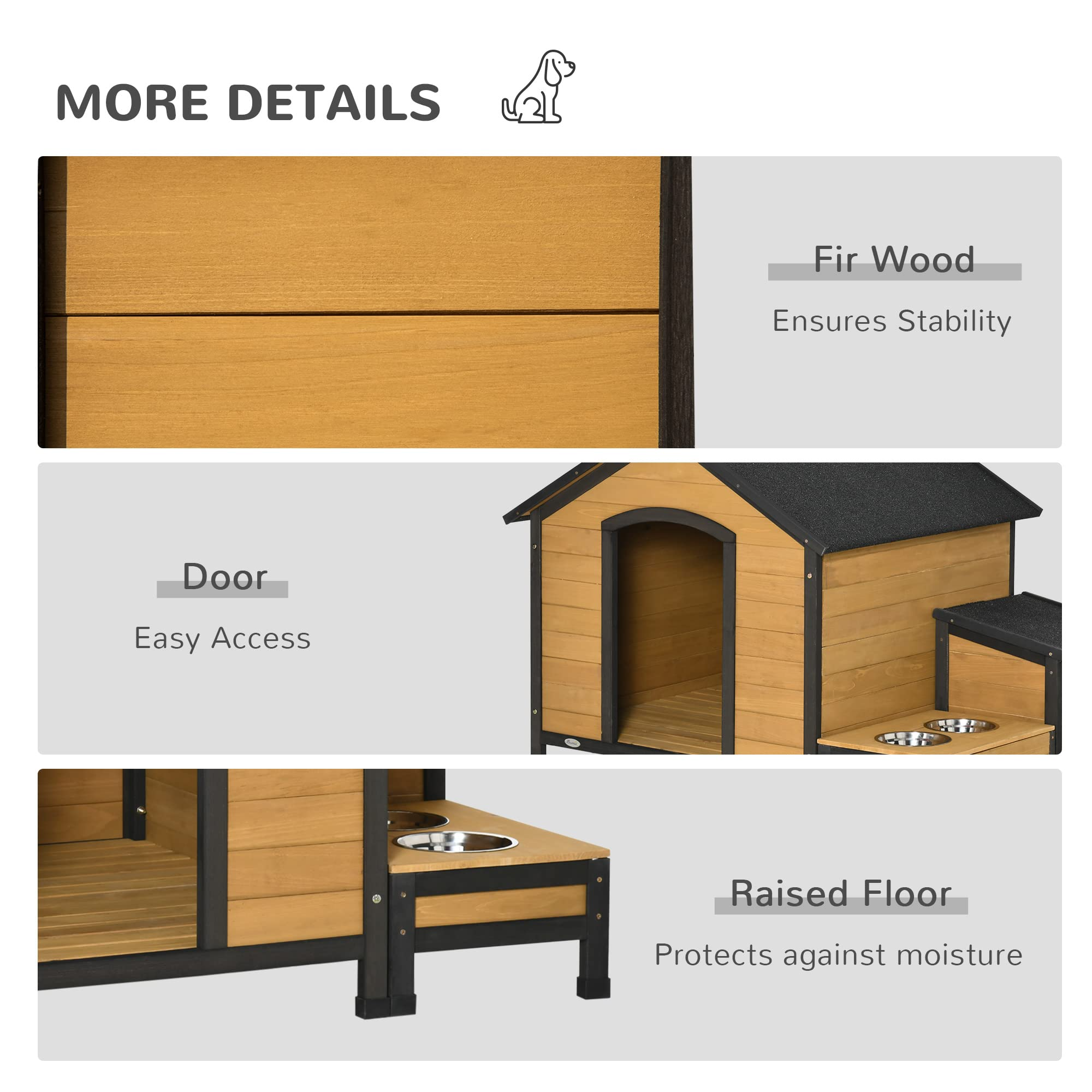 【Pet】Wooden Outdoor Dog House, Cabin-Style Pet House with Feeding Bowls, Asphalt Roof